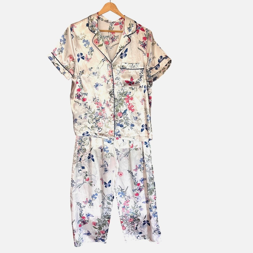In Bloom by Jonquil White Floral Butterfly Satin‎ Pajama Set Small Crop Pant PJs